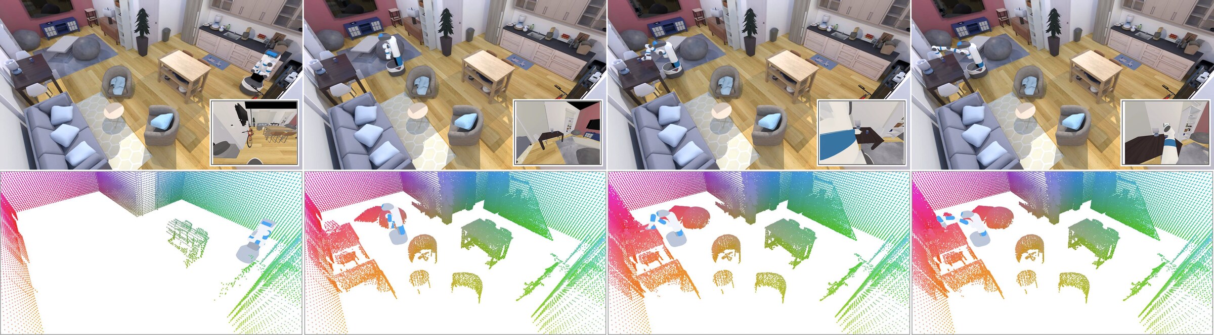 Four-stage execution sequence in simulation: starting pose, observation stage, pre-grasp stage, and grasping stage, each with the head camera view inset above and the belief map below.