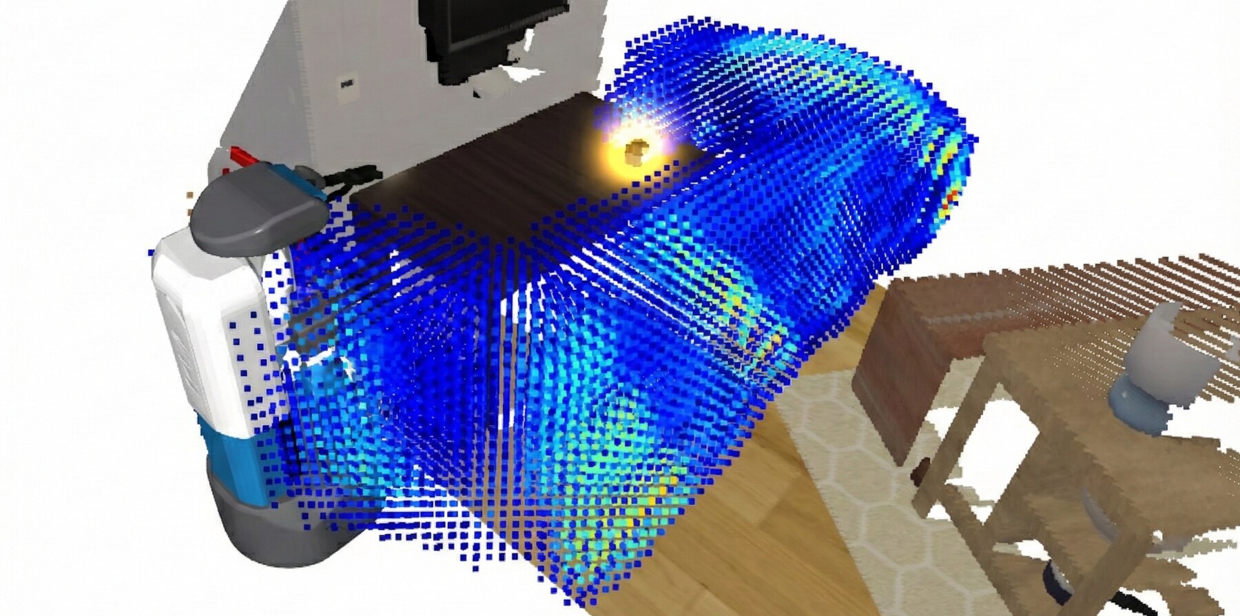Heatmap of the gaze importance field over the robot's swept volume, with warmer colours on fast-moving and imminent regions and a bright spot on the target object.
