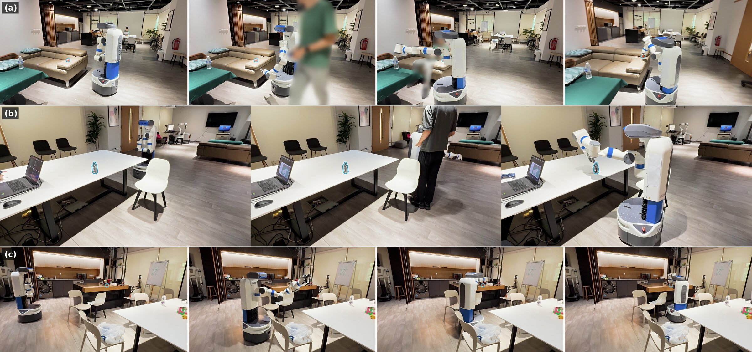 Three real-world sequences: a Fetch robot reacting to a moving person before grasping an apple, navigating around a person and a chair to reach a bottle on a dining table, and threading through tightly spaced chairs to reach an apple on a workstation.