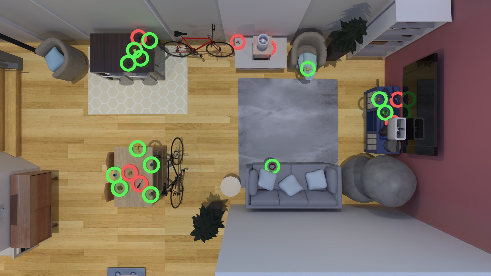 Top-down view of a scene with green circles marking successful grasps and red circles marking failures, clustered around tables, counters, and cluttered surfaces.